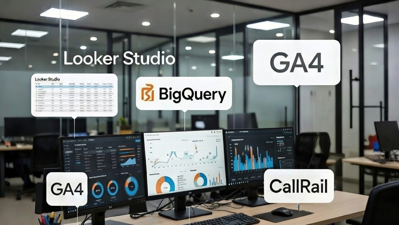 Modern dashboard analytics workspace with Looker Studio, BigQuery, GA4 and CallRail